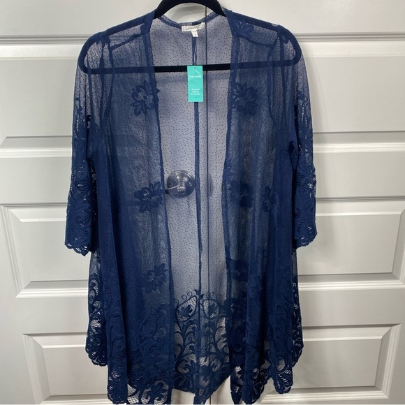 Lace Duster fairy Kimono Blue Oversized Small Floral Long See Through - Picture 2 of 7